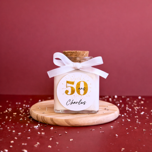 Bougie personnalisée anniversaire adulte 50ml avec bouchon en liège et étiquette personnalisée