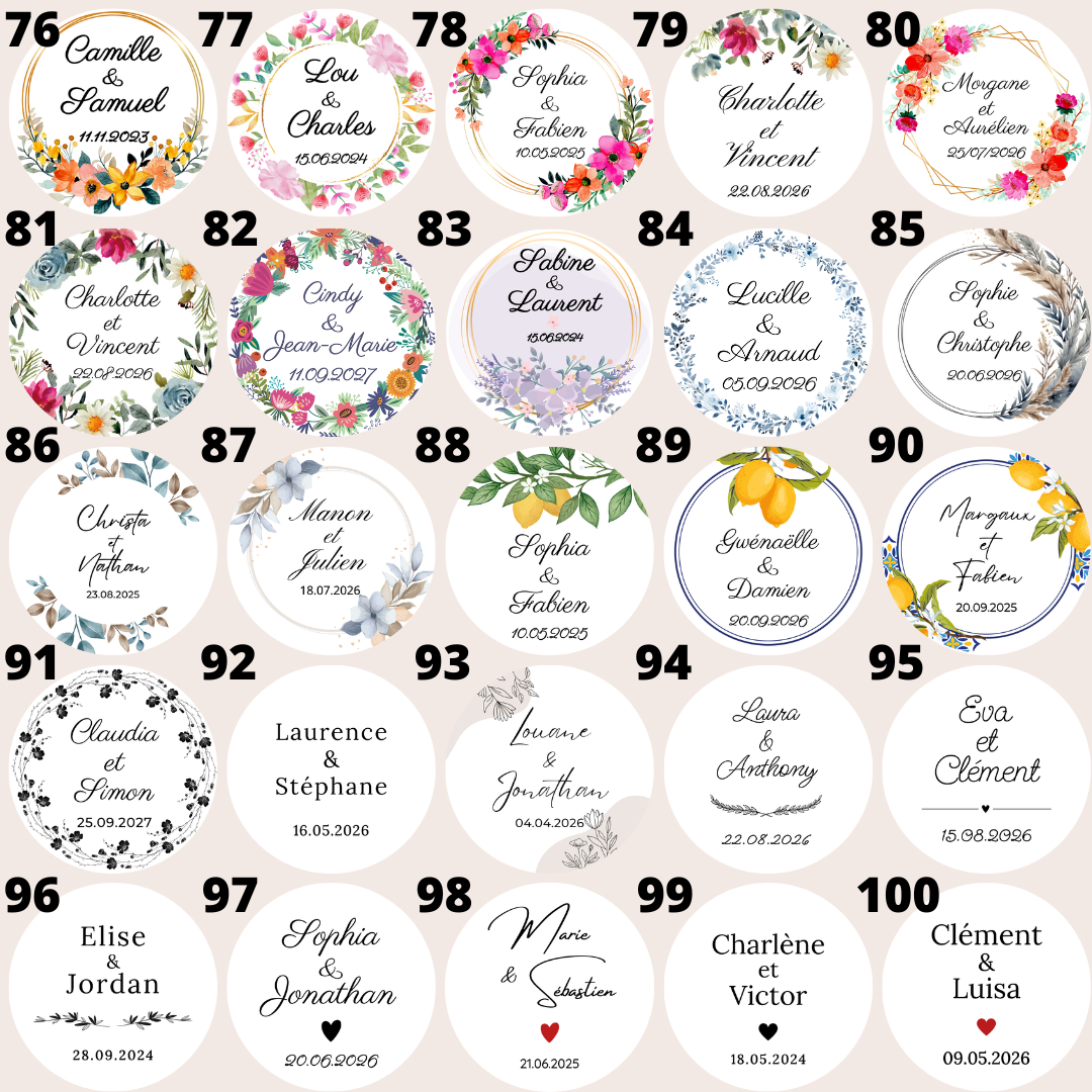 Bougies personnalisées disposées sur table de mariage en décoration et cadeaux invités