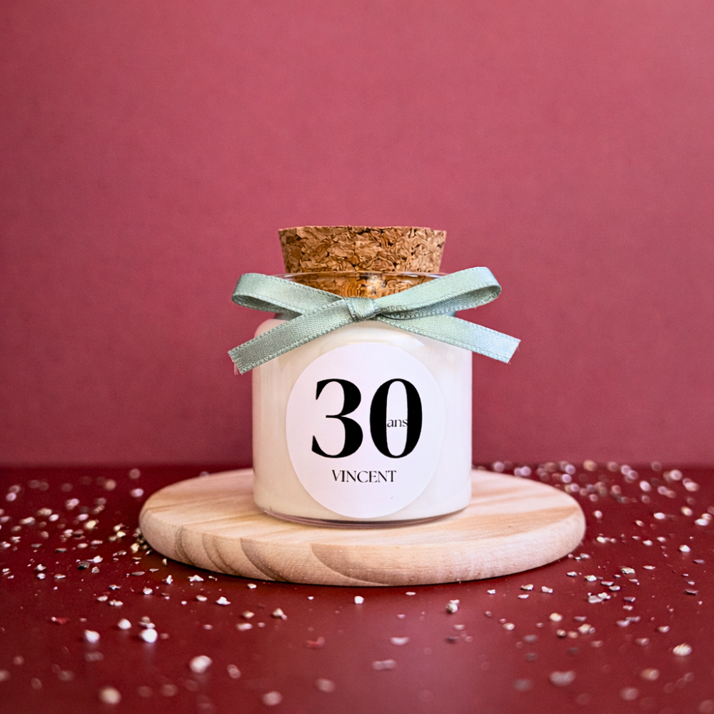 Bougie personnalisée anniversaire adulte 50ml avec bouchon en liège et étiquette personnalisée