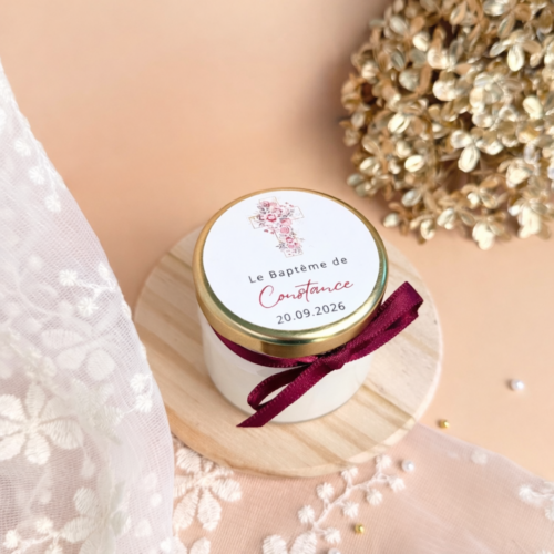Bougie baptême personnalisée en pot de verre avec couvercle argent or ou blanc, cadeau invité.