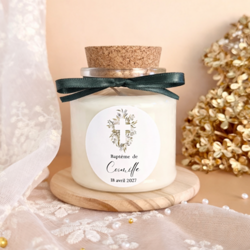 Bougie baptême personnalisée croix végétale en verre avec bouchon liège, cadeau invité