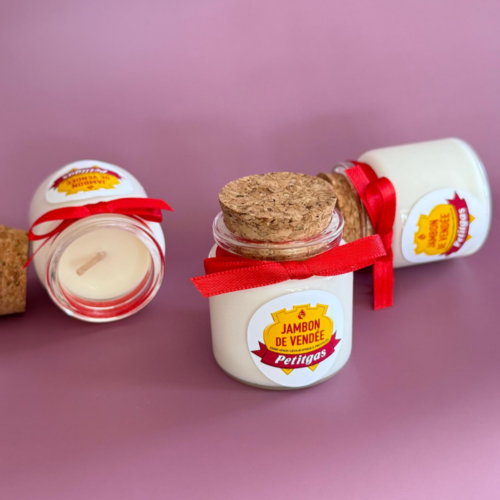 Bougie personnalisée entreprise en verre avec bouchon en liège, étiquette logo personnalisée et ruban rouge