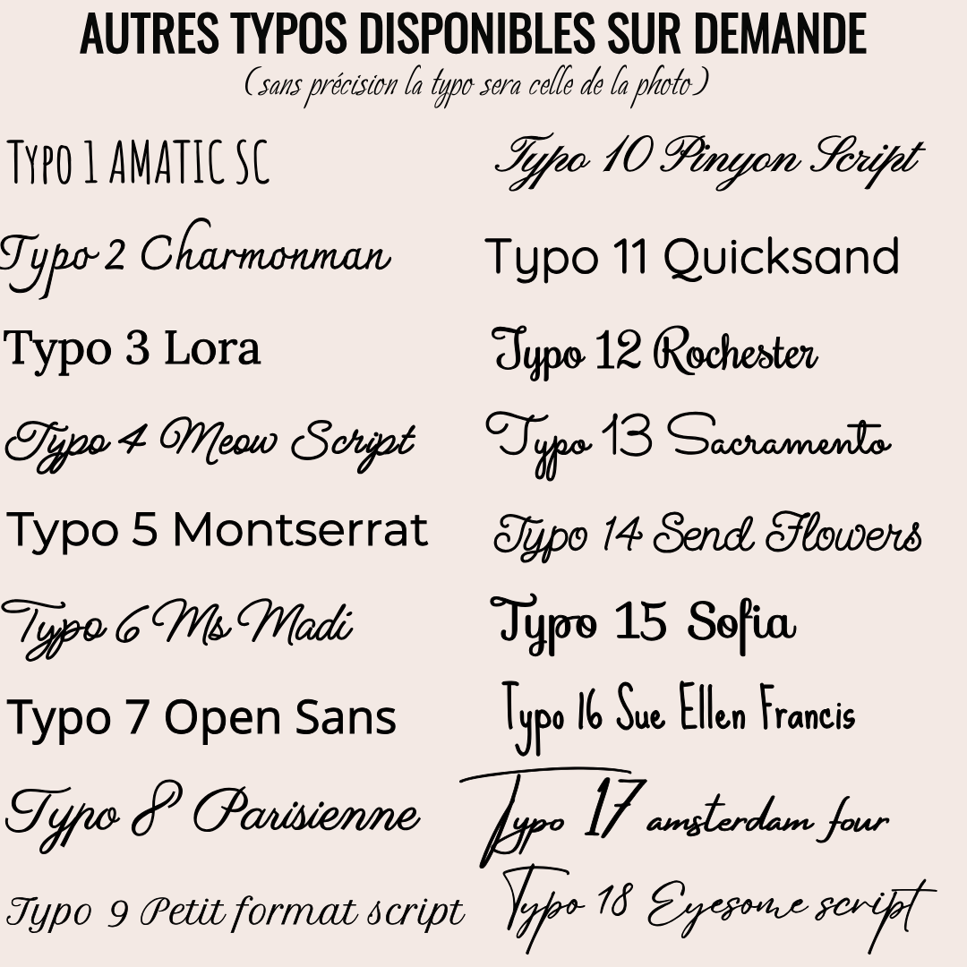 Exemples de typographies proposées pour personnalisation des bougies mariage