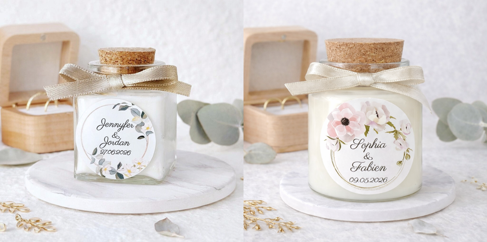 Exemples de bougies personnalisées et parfumées pour mariage présentées comme cadeaux pour invités