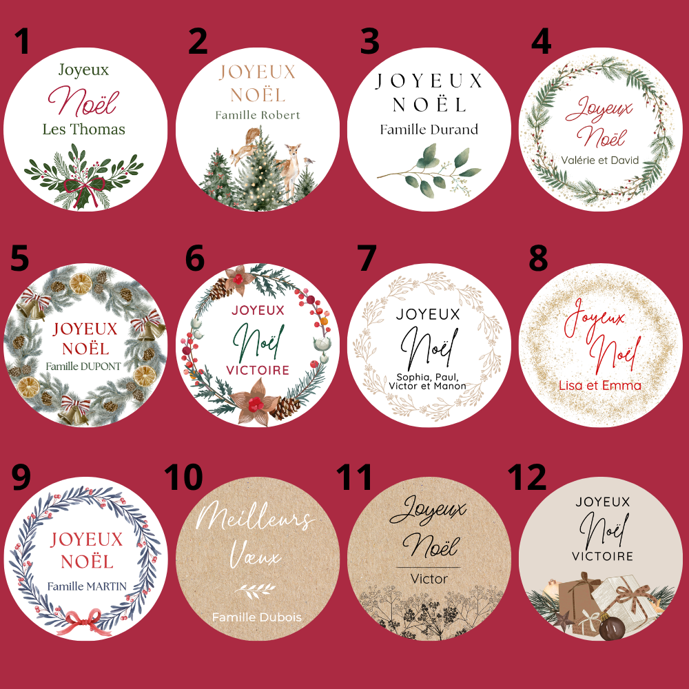 liste 12 étiquettes personnalisées Noël