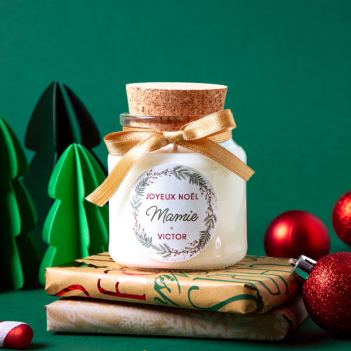 Grande Bougie en verre et bouchon en liège personnalisée pour offrir à Noël