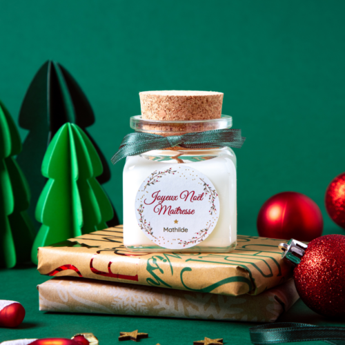 Frande bougie en verre et couvercle liège personnalisée pour Noël