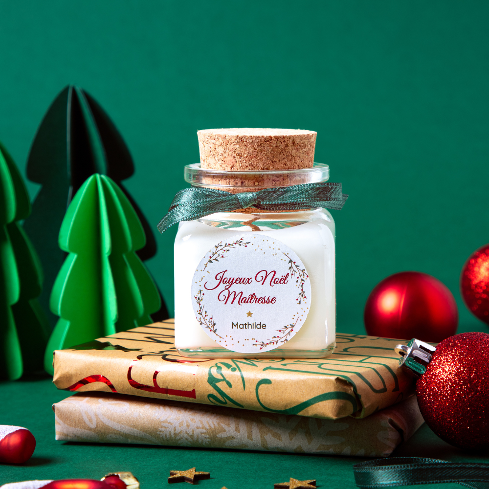 Frande bougie en verre et couvercle liège personnalisée pour Noël