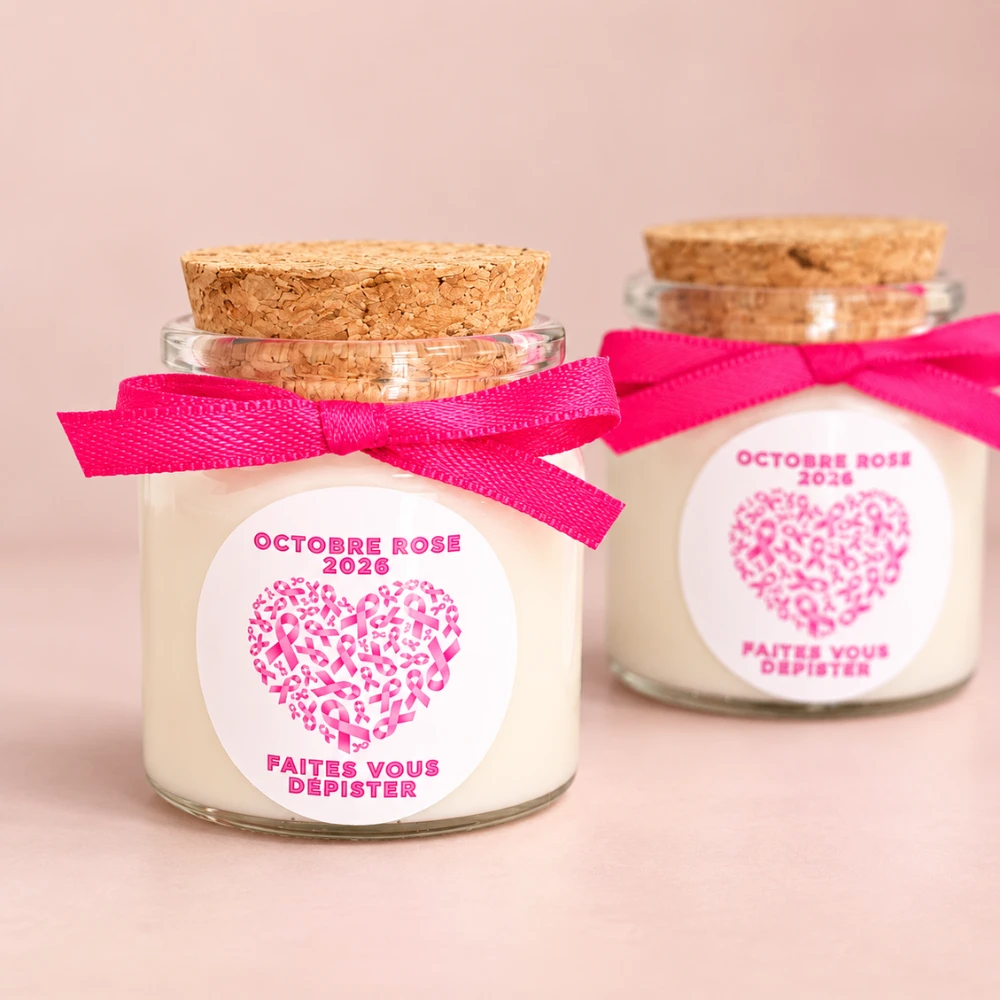 Bougie personnalisée Octobre Rose 2026 avec ruban rose pour cadeau d'entreprise