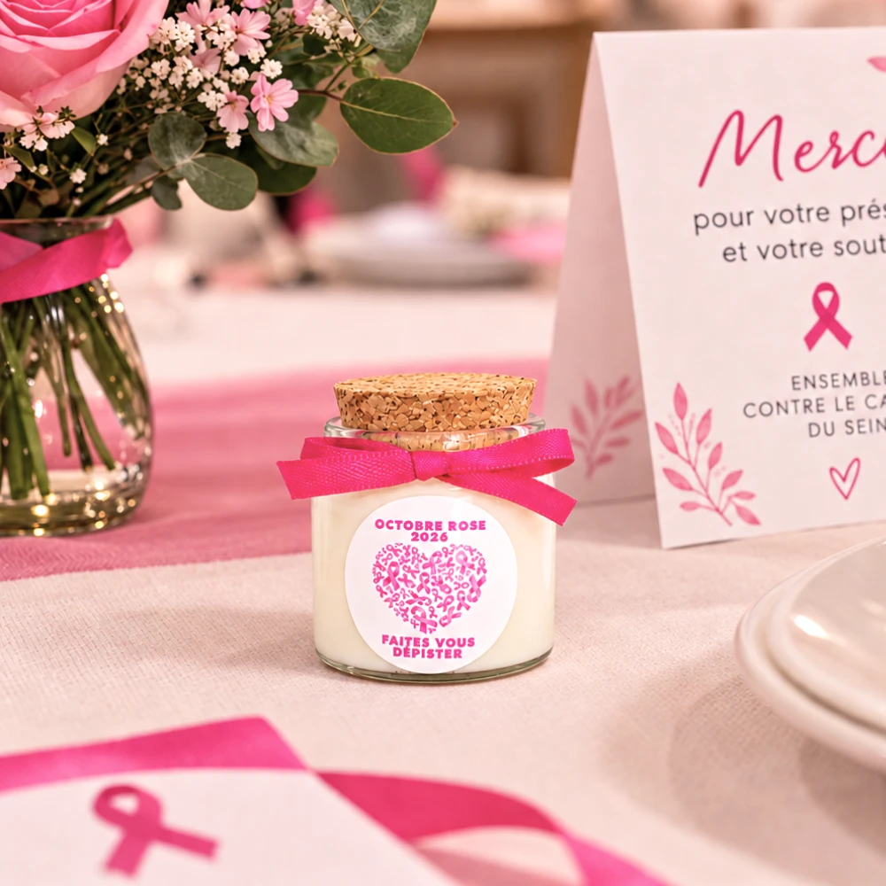 Bougie personnalisée Octobre Rose sur table d'événement d'entreprise avec carte de remerciement
